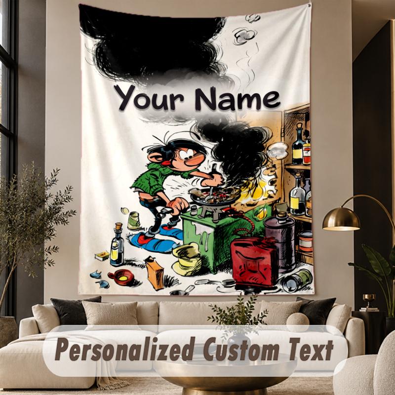 Custom Text Printed Tapestry Gaston Lagaffe Pattern Large Wall Hanging Indoor Room Decor