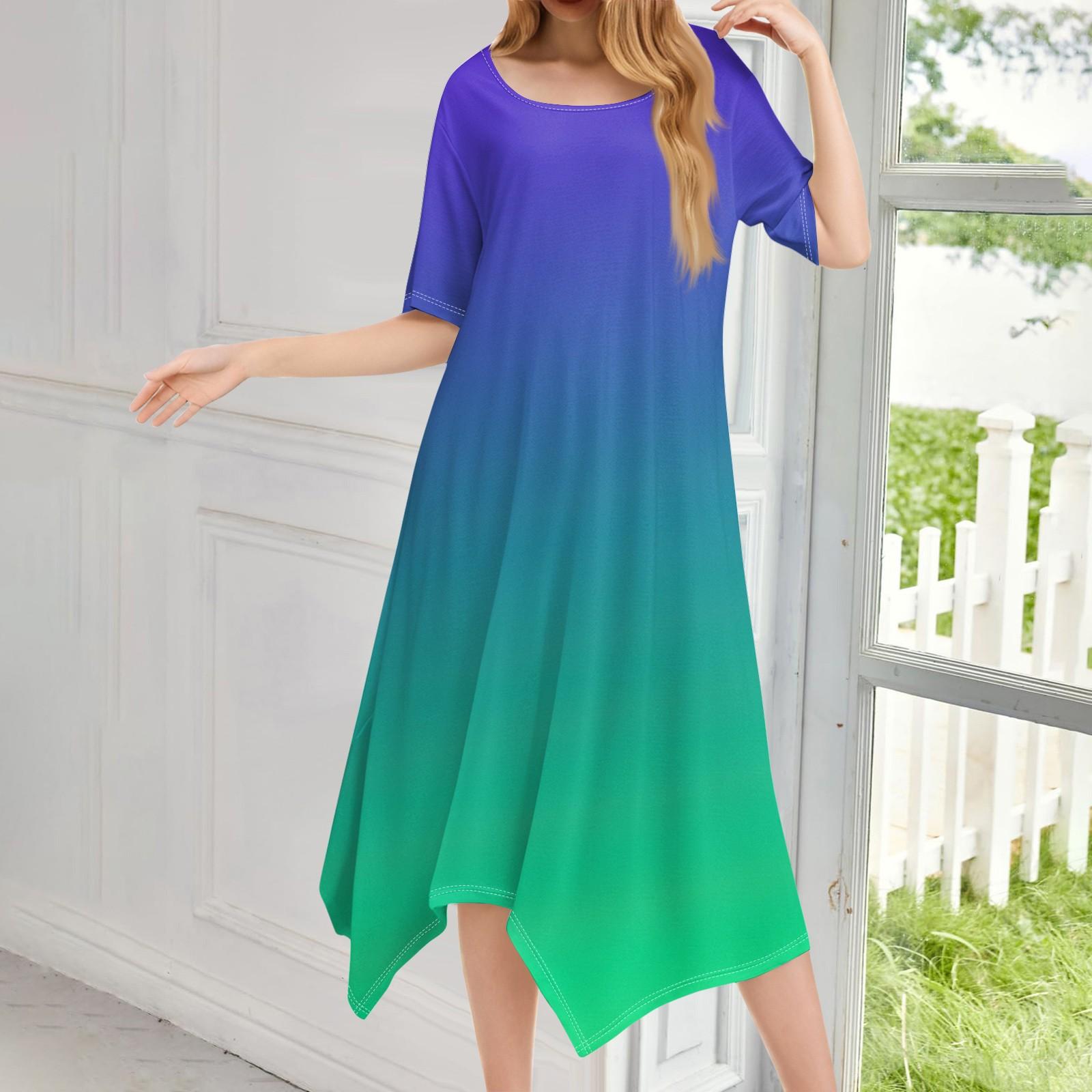 Women s Casual Fashion Round Neck Short Sleeve Print Irregular Hem Midi Dress S