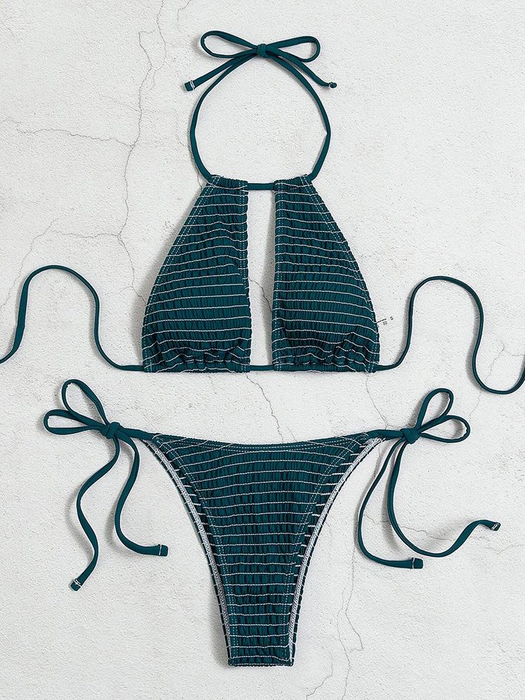 2025 Bikini con Scollo all'americana e Laccetti Laterali a Rete Affumicata Costume da Bagno Donna Due Pezzi Bikini Set Costume da Bagno Abbigliamento da Spiaggia