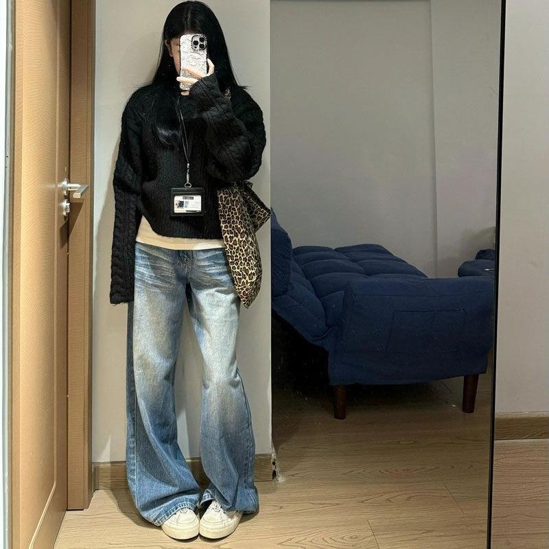 High Street Washed Ripple Denim Kalhoty s širokými nohavicemi Dámské Zavinovací S vysokým pasem Volné Tenké Rovné Vlečné kalhoty Džíny pro ženy Dlouhé džínové kalhoty