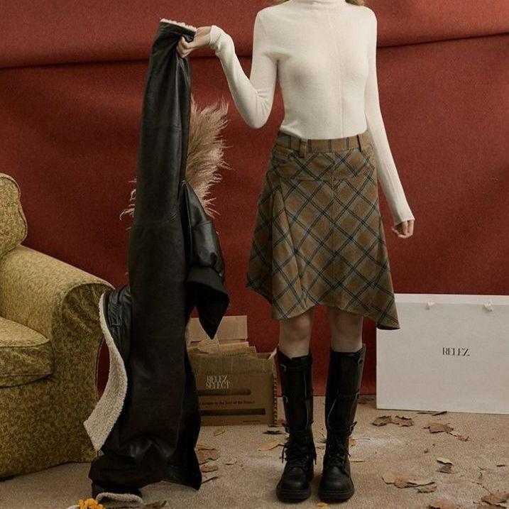 Элегантная женская клетчатая шерстяная юбка А-силуэта - Осенне-зимний асимметричный дизайн Small жёлтый/коричневый