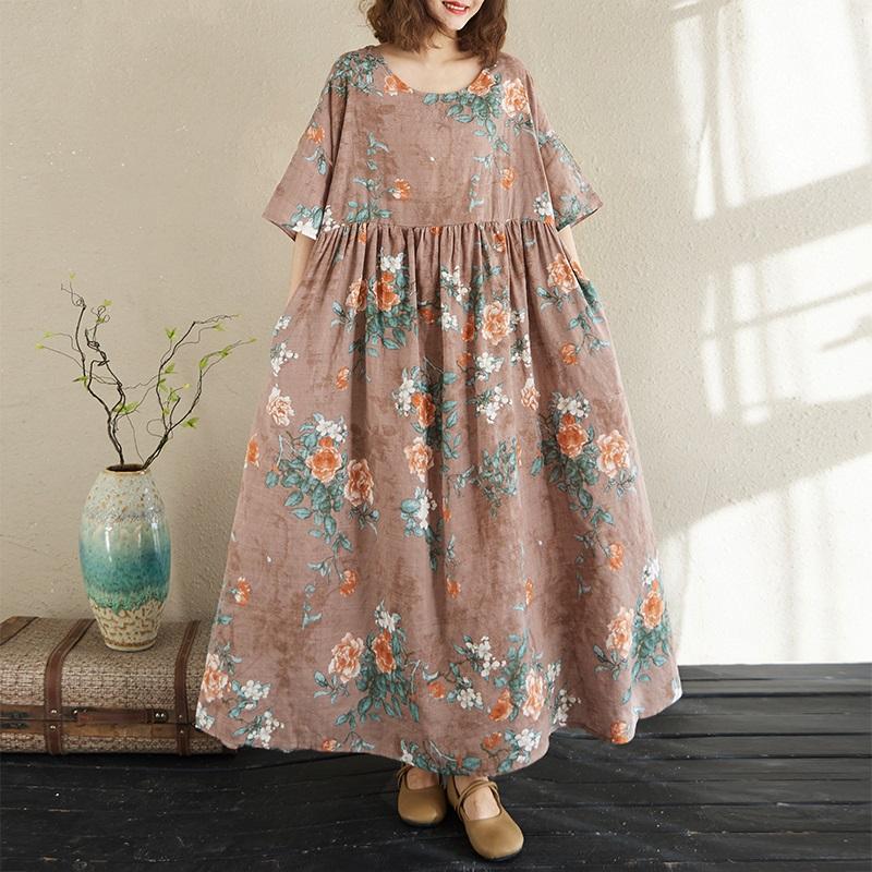 

Новое хлопковое винтажное платье с цветочным принтом больших размеров с коротким рукавом для женщин, повседневное свободное длинное летнее платье