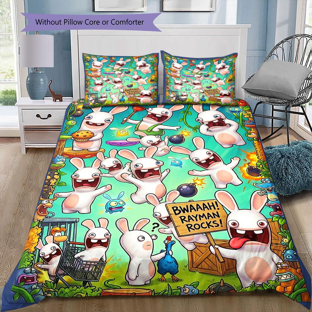 Raving Rabbids Duvet Cover Set Pillowcases ,No Comforter No Pillow Core, for Rayman Game Fans Bed 135x200cm