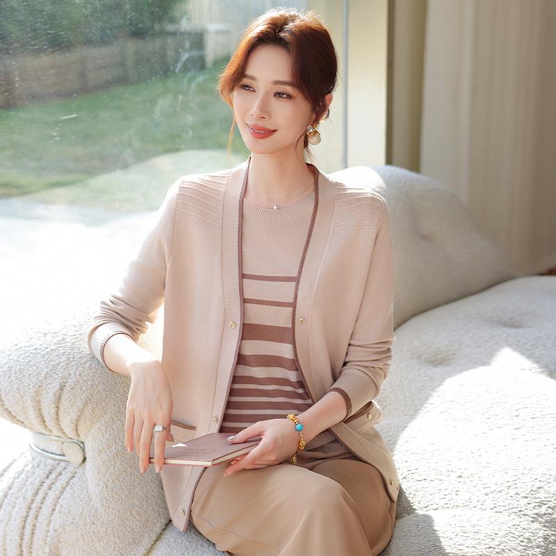 Mom's Chic Spring Knit Cardigan & Inner Layer Striped Two-Piece Set for Mid-Aged Woman