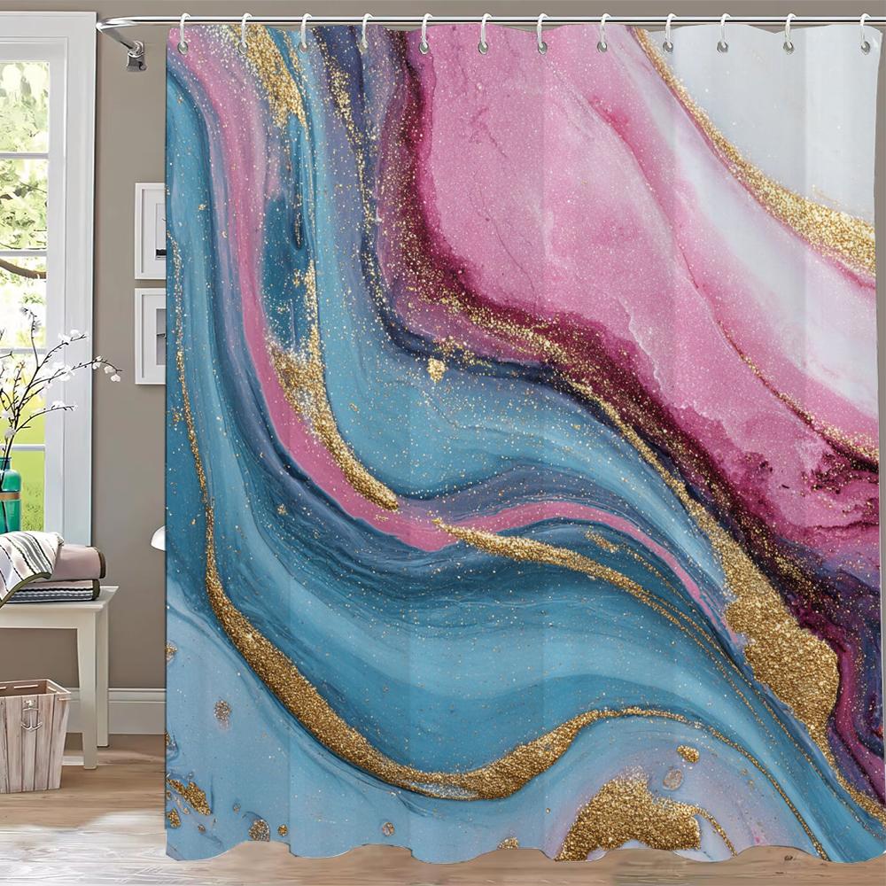 Abstract Marble Pattern Shower Curtain, Geometric Printed Bathroom Decorative Shower Curtain, Fabric Home Curtain with Hooks