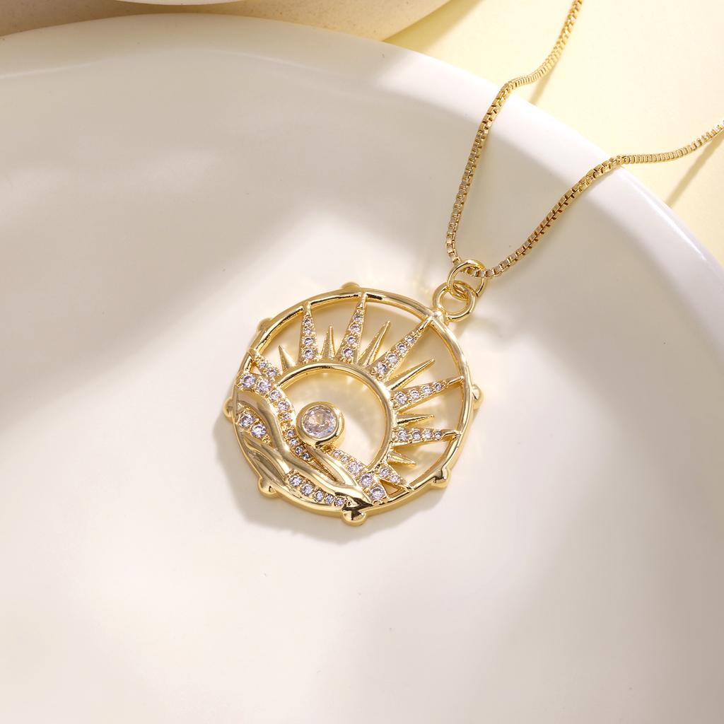 Nidin Trendy Sun Moon Star Pendant Necklace For Women Copper Cubic Zirconia Hollow Round Charm Chain Celestial Boho Jewelry Gift