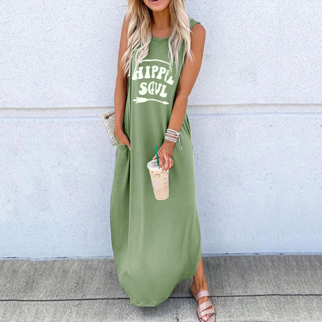Fashion Women Sleeveless Letter Printed Casual Daliy Boho Long Maxi Dress S