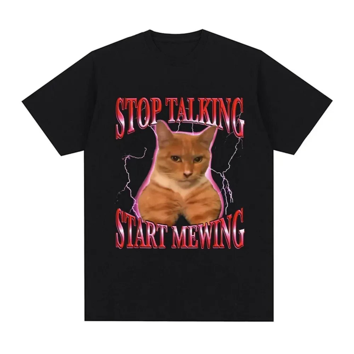 

Stop Talking Start Mewing T-Shirt Funny Cute Cat Meme Graphic Short Sleeve T Shirts 100% Cotton Comfort Loose T-shirts Oversized S чёрный