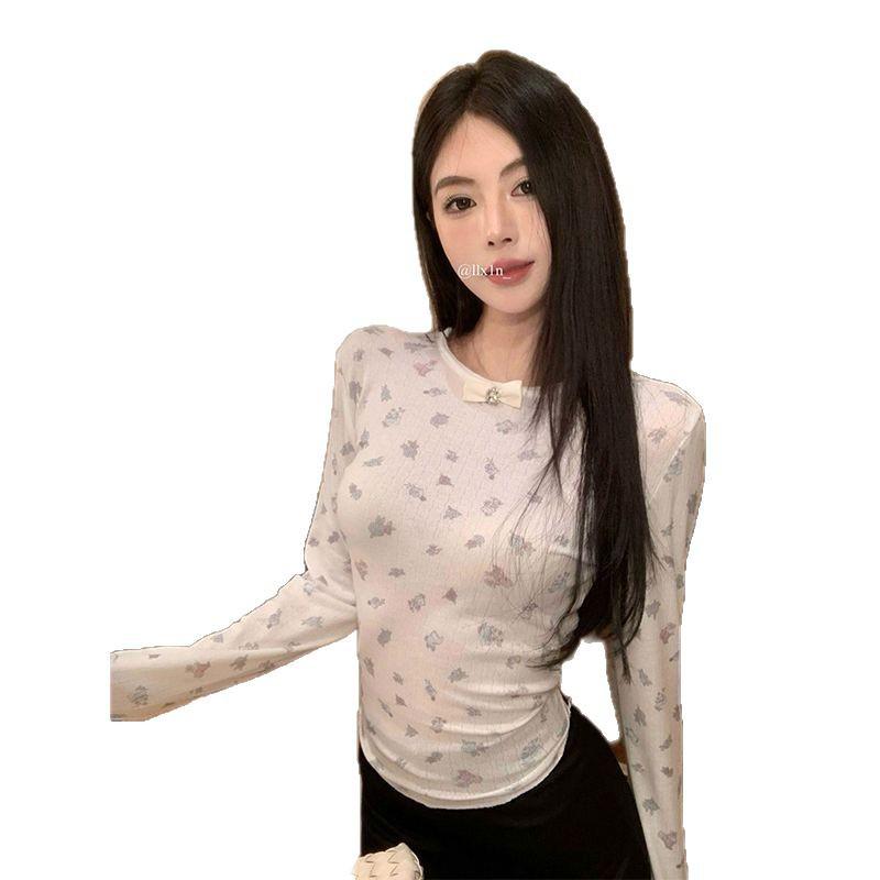 Bow Print U-Neck Short Sleeve Knitted Slim Fit Women's Bodycon Top