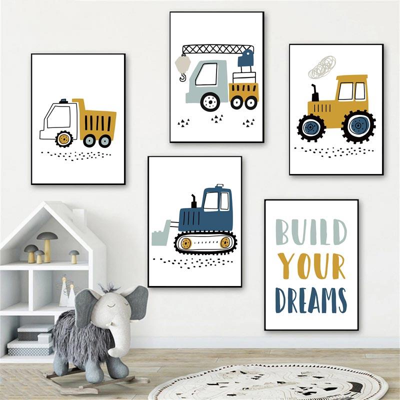 Cartoon Crane Excavator Tractor Truck Poster Wall Art Canvas Painting Nursery Child Boys Pictures Nordic Wall Print Room Decor