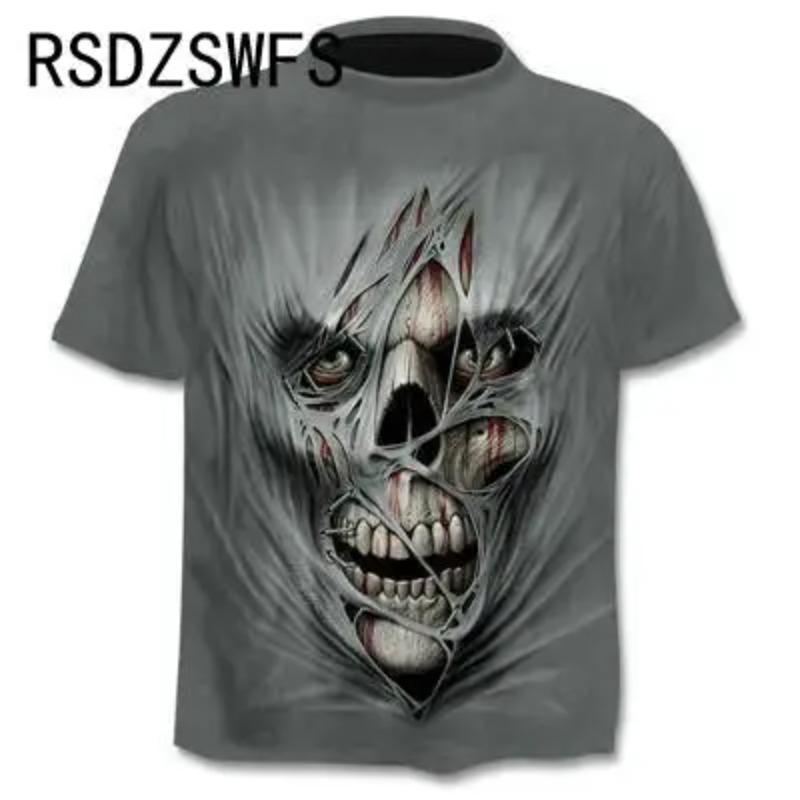 Round Neck 3D Skull Printed Top Fashionable Casual Short Sleeved Men's T-shirts - Soft Medium Stretch Polyester Fabric Summer Relaxed Fit Clothing