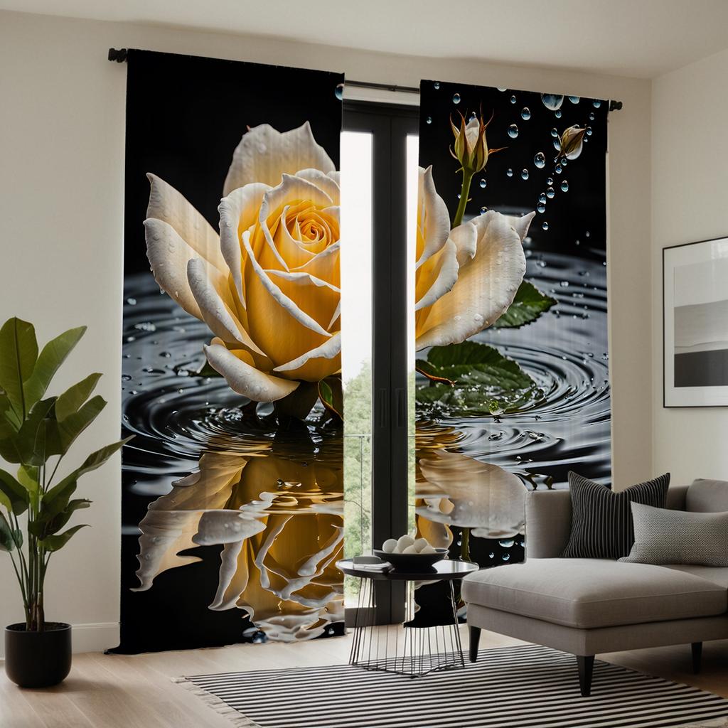 2 Stück HD Wasserrose Dekoschals Gelb digital bedruckte Vorhänge Heimdekorationsstil Dekoration Wohnzimmer Schlafzi