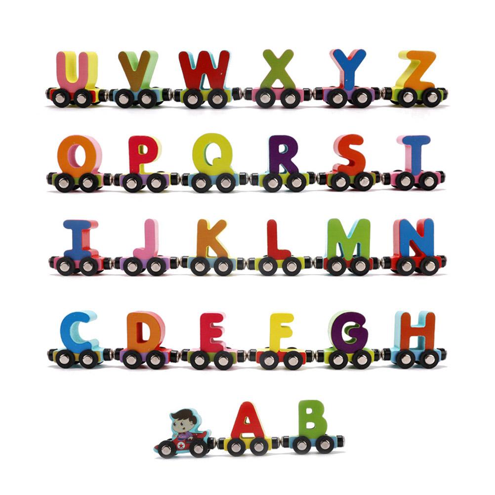27pcs Wooden Alphabet Train Toys Early Educational Edge Polished Colorful Letter Train for Toddler