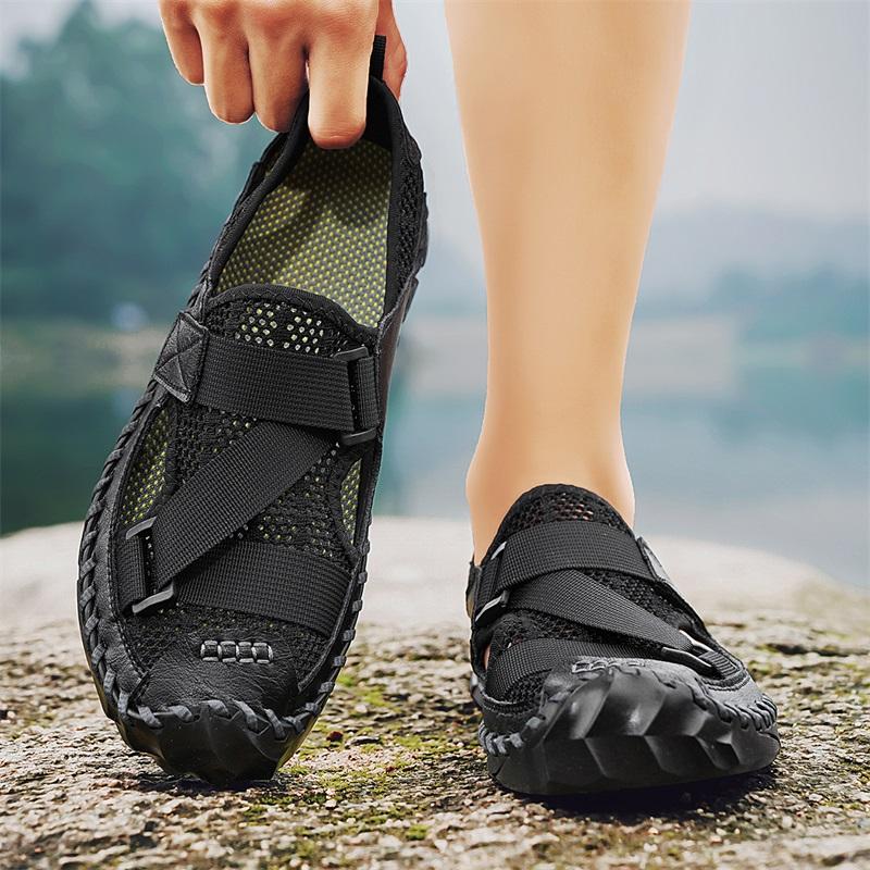 Herren Outdoor Wandersandalen Handgefertigt Sommer Römische Sandalen Retro Weit Geschlossene Zehen Grau Strand Wasserschuhe Übergröße