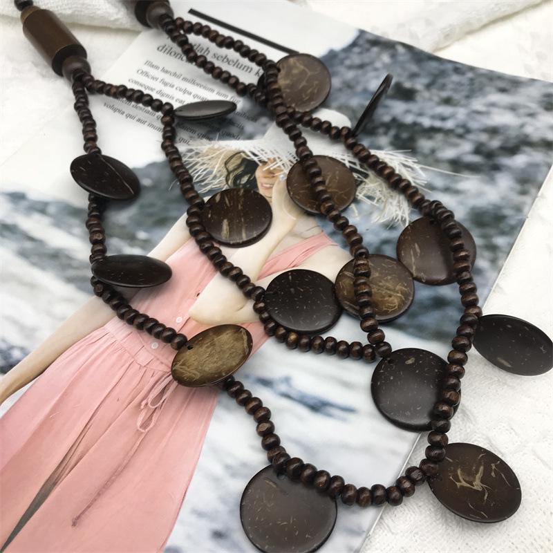 Retro Natural Double-Layer Wooden Round Pendant Necklace