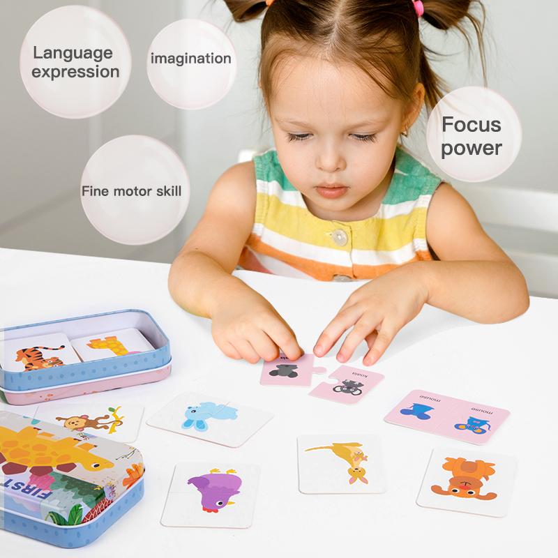 Children Cognition Puzzle Toys Toddler Kids Iron Box Cards Matching Game Cognitive Card Car Fruit Animal Puzzle Pair Puzzles