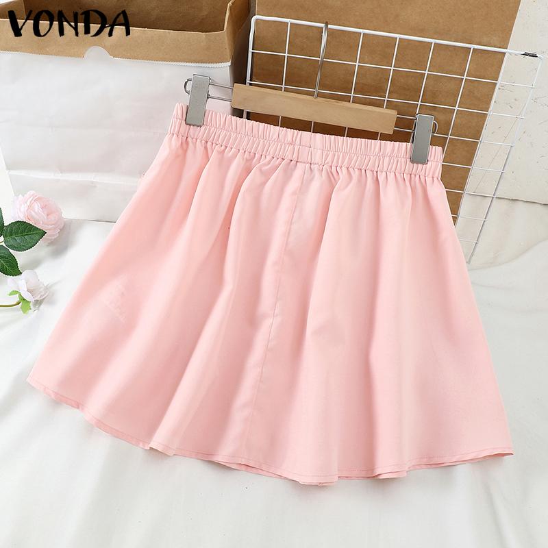 VONDA Women Casual Elastic Waist Solid Color Layered Ruffle Skirts