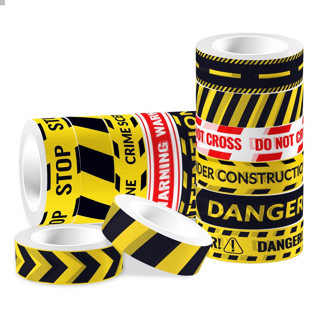 12 Rolls Caution Washi Tapes Construction Themed Slogan Yellow Red Black Self Adhesive Masking Tape for Diary Journal Gift