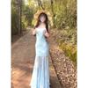 Lace mesh splicing suspender dress women's summer vacation waist fishtail long dress slim hip skirt
