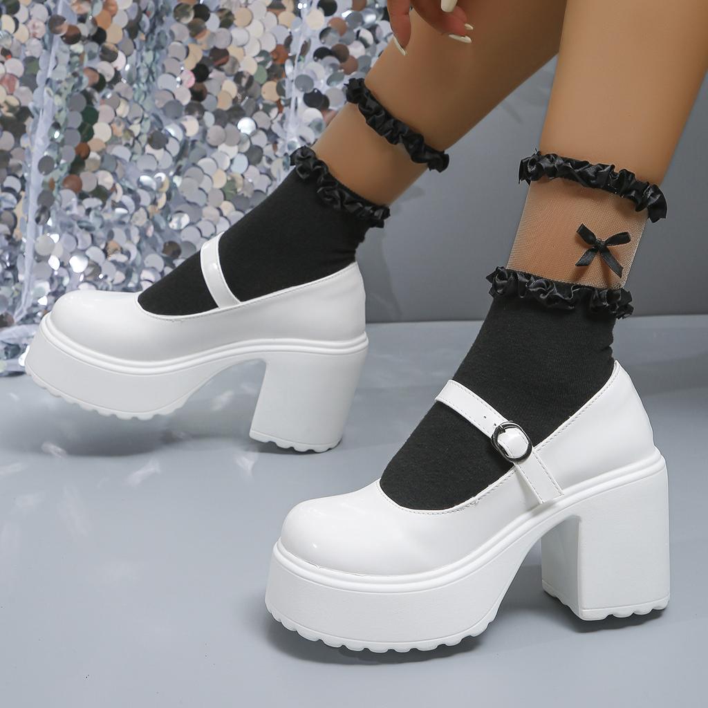 fashion White Super High Heels Mary Jane Shoes for Women Patent Leather Chunky Platform Pumps Woman Gothic Buckle Strap Lolita Shoes