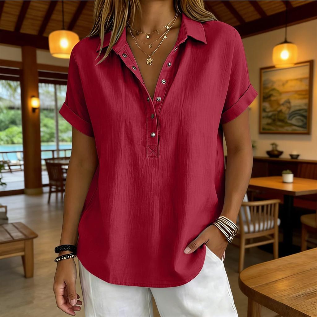 Womens Loose Fit V Neck Blouse Casual Cotton Linen Short Sleeve Shirt Button Down Lightweight Top for Daily Wear