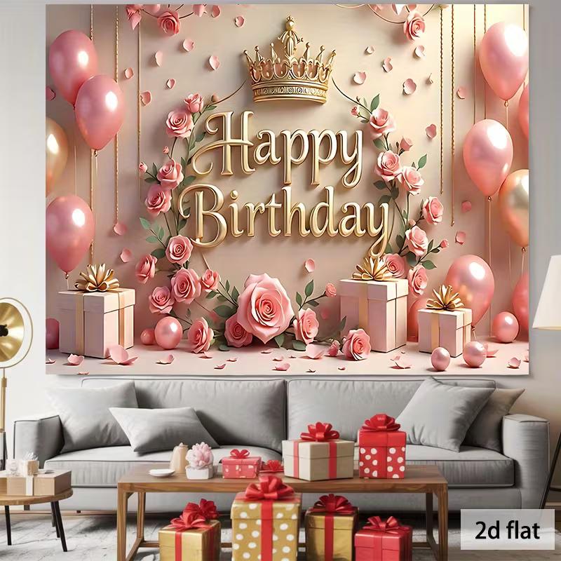 2D Girls Happy Birthday Photo Backdrop Banner Pink Gold Crown Rose Balloon Gift Party Background Cloth