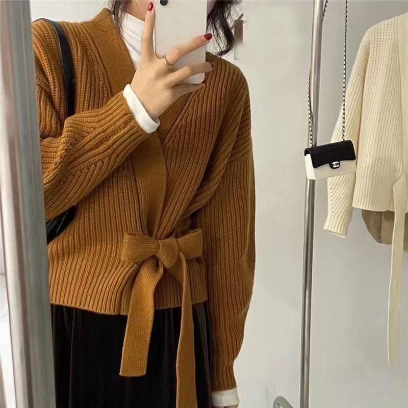 Strickjacke Pullover Weibliche Herbst Fliege V-ausschnitt Stricken Frauen Kurze Hohe Taille Strickjacke Mantel Overlay Design Sinn Pullover