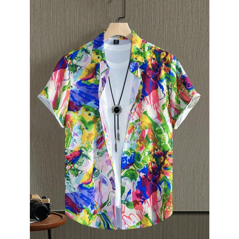Manfinity Hypemode Men's Summer Casual Holiday Color Block Button Down Short Sleeve Shirt, Slim Fit Graphic Colorful Shirt For Husband