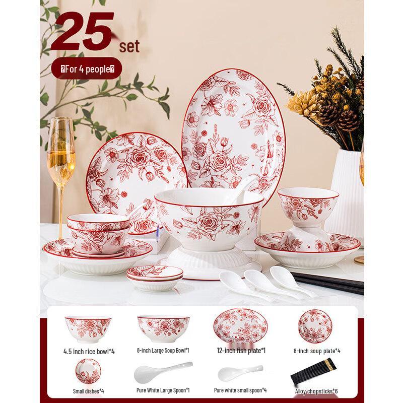 Ailan Huijia LIU Blooming Flowers 25-Piece Ceramic Dinnerware Set