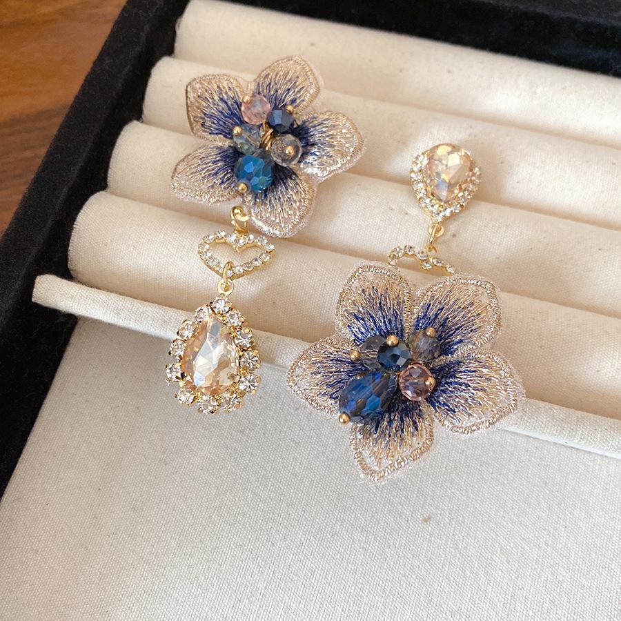 Silver Needle Diamond Asymmetrical Flower Water Drop Earrings Light Luxury Premium Earrings Mori Sweet Retro Elegant Earrings