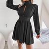 Sexy High Waist Hollow Out Swing Kleid für Damen Einfarbig Große Größe Herbst Winter Mode