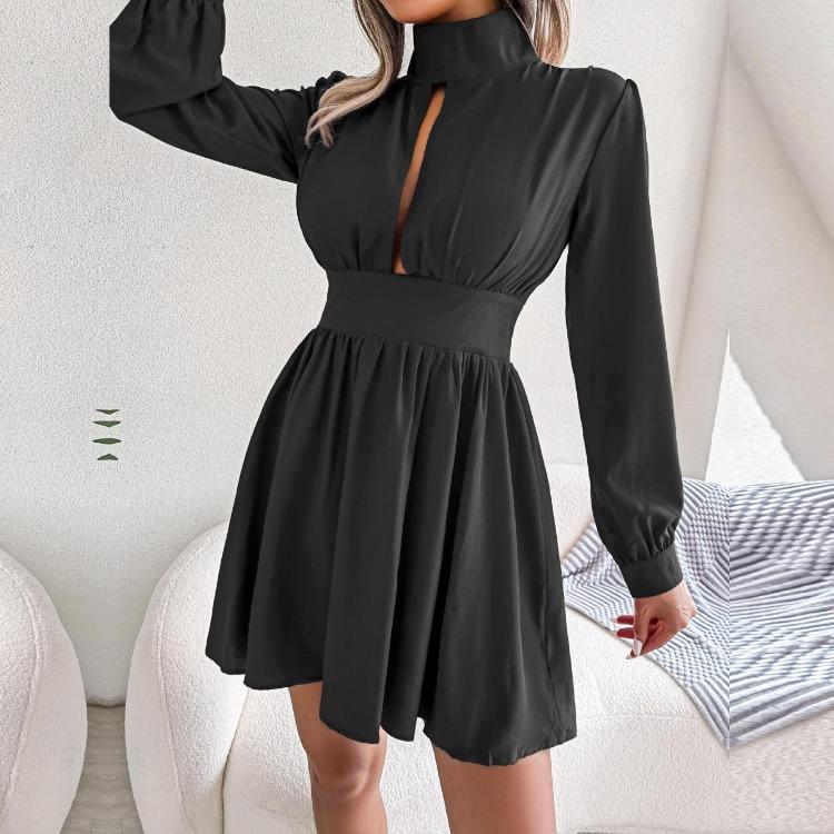 Sexy High Waist Hollow Out Swing Kleid für Damen Einfarbig Große Größe Herbst Winter Mode