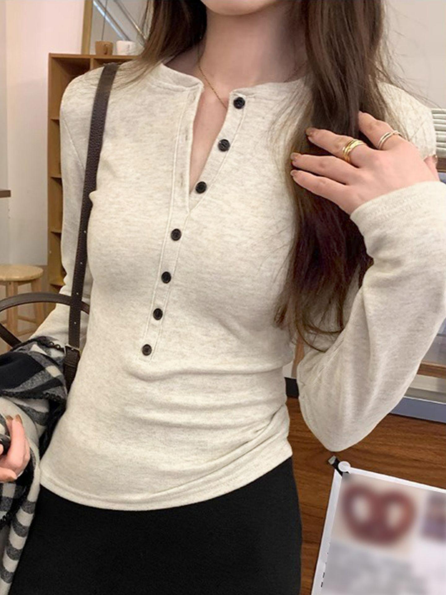 American Spicy Girl Button Long Sleeve Fleece Top for Women - Autumn Base Layer T-shirt L