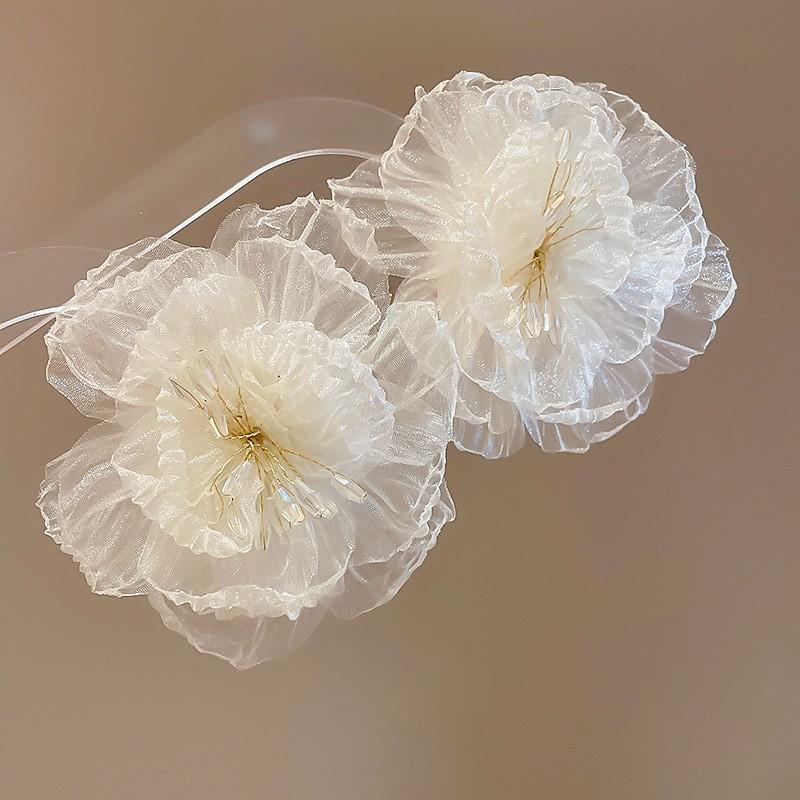 Silver needle chiffon flower fringed stud earrings sweet Mori dopamine earrings niche trend versatile earrings fashion women