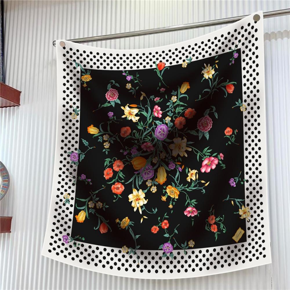 Silk Scarf Women Floral Printed Square Scarves Head Echarpes Silk Foulards Femme Wraps Beach Shawls Bandana Lady Hijabs 90CM