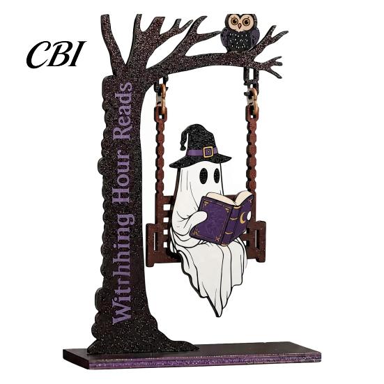 Kantoorbureau Decoratie Items Halloween Desktop Schommel Decor, Spookachtige Huis Lezen Geest op Een Beeldje Uniek Houtbewerking Cadeaus voor Woonkamer Keuken