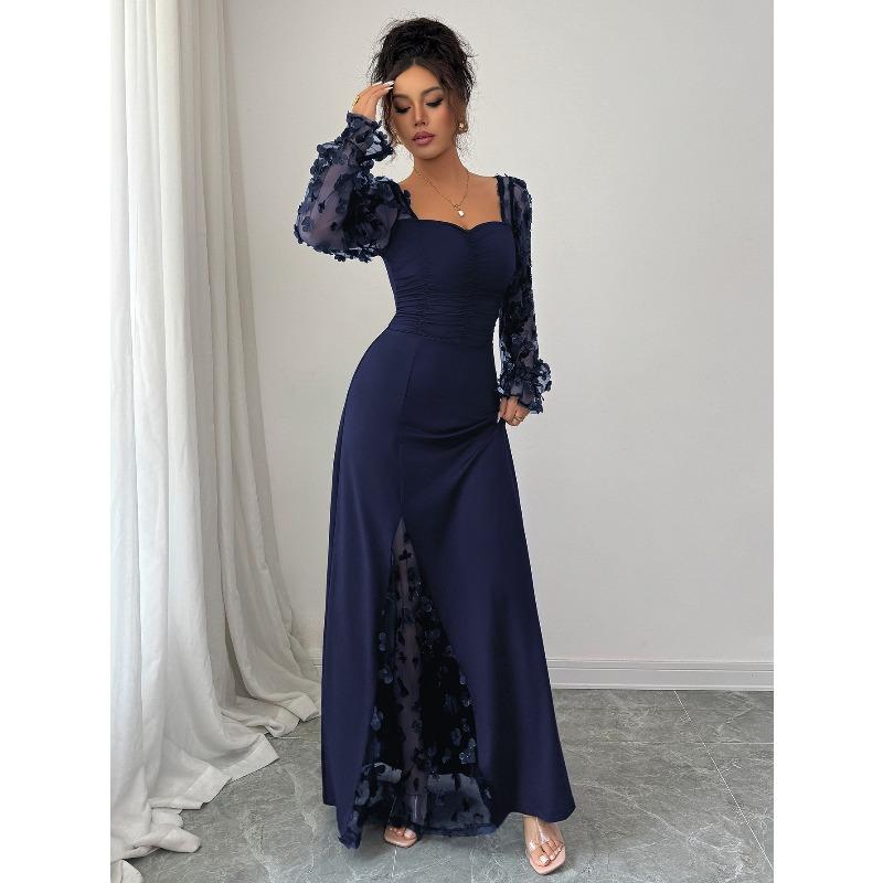 

VEZFAA Women s Fashion Spring Fall Solid Color Print Long Sleeve Square Collar Loose Waistlinet Casual Dresses L Темно-синій