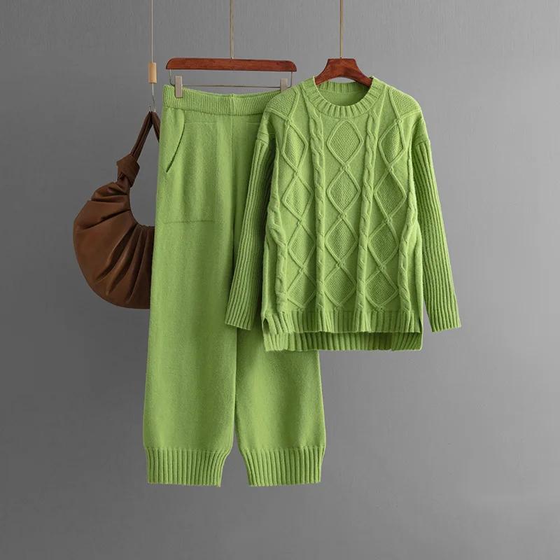 Suéter Grueso de Punto Retorcido Sólido Trajes de Dos Piezas para Mujer Top Cálido Holgado Pantalones Largos de Pierna Ancha Moda Francesa Casual Conjuntos de Punto