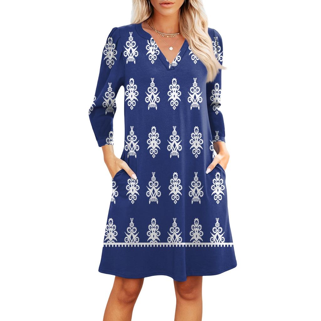 Women's Fashion V-neck Casual Beach Dress Three-quarter Sleeves Striped Print Dress