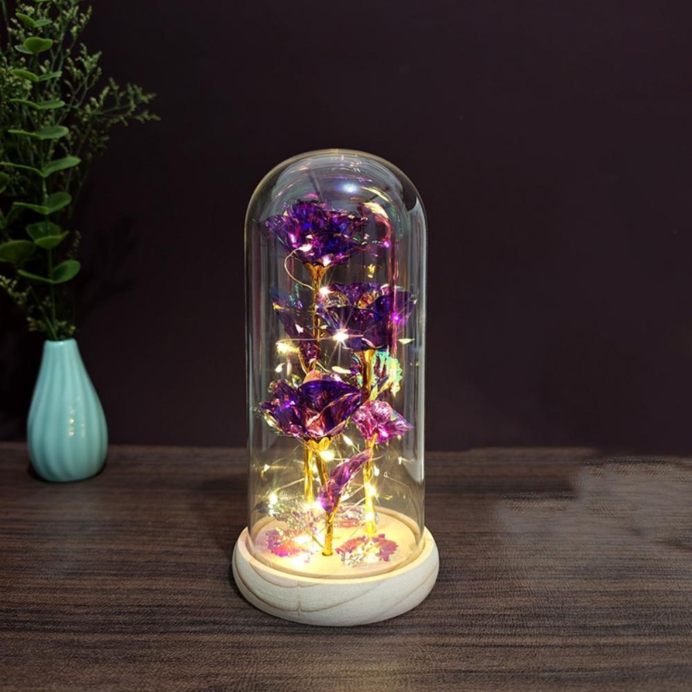Romantic Artificial Rose Light with Acrylic Cover 3 Heads Rose Light Up Rose Simulation Luminous Eternal Rose Lamp Mothers Day