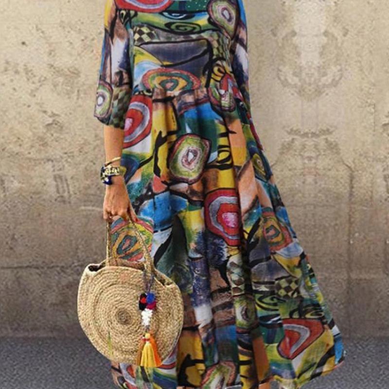Women S Long Vintage Bohemian Printed High Waist Dress