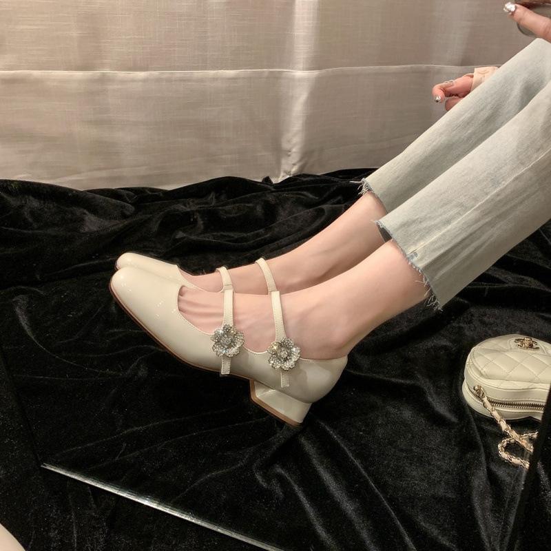 

Shoes square head rhinestone flower diamond thick heel Mary Jane single shoes women s wedding shoes spring 40