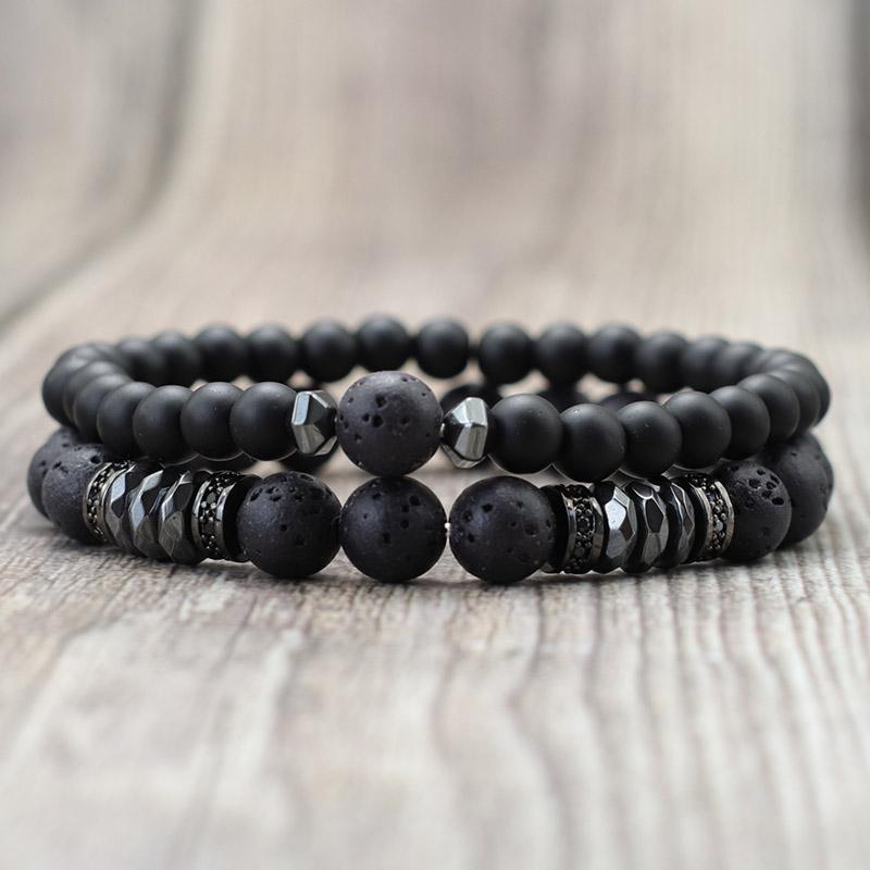 Novel 2 Pieces Men Bracelet Set 6mm 8mm Tiger Eyes Volcanic Rock Stone Beaded Braclet Luxury Zirconia Braslet Pulseria Hombre