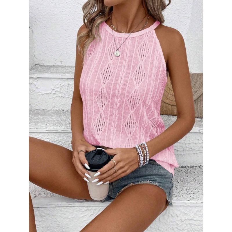Wiosenno-letnia teksturowana ażurowa kamizelka na ramiączkach z dekoltem typu halter