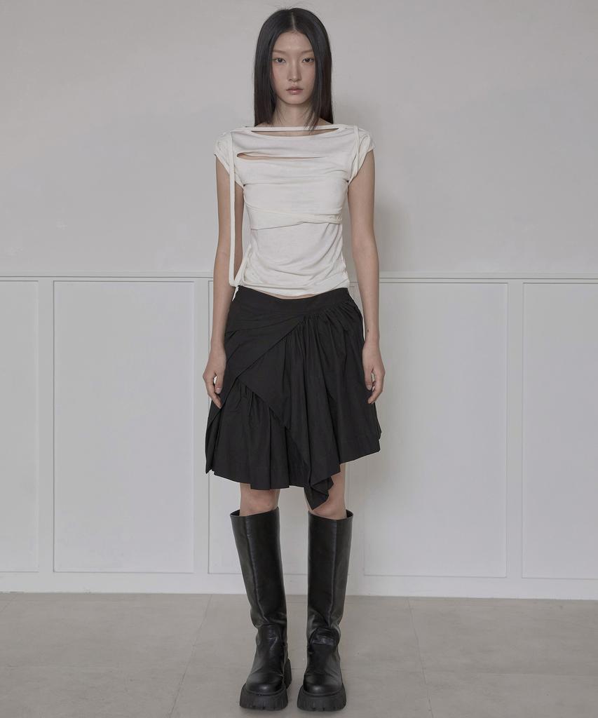 Peulleeoeob Asymmetrical Draped Layered Skirt (Fl-252_Black)