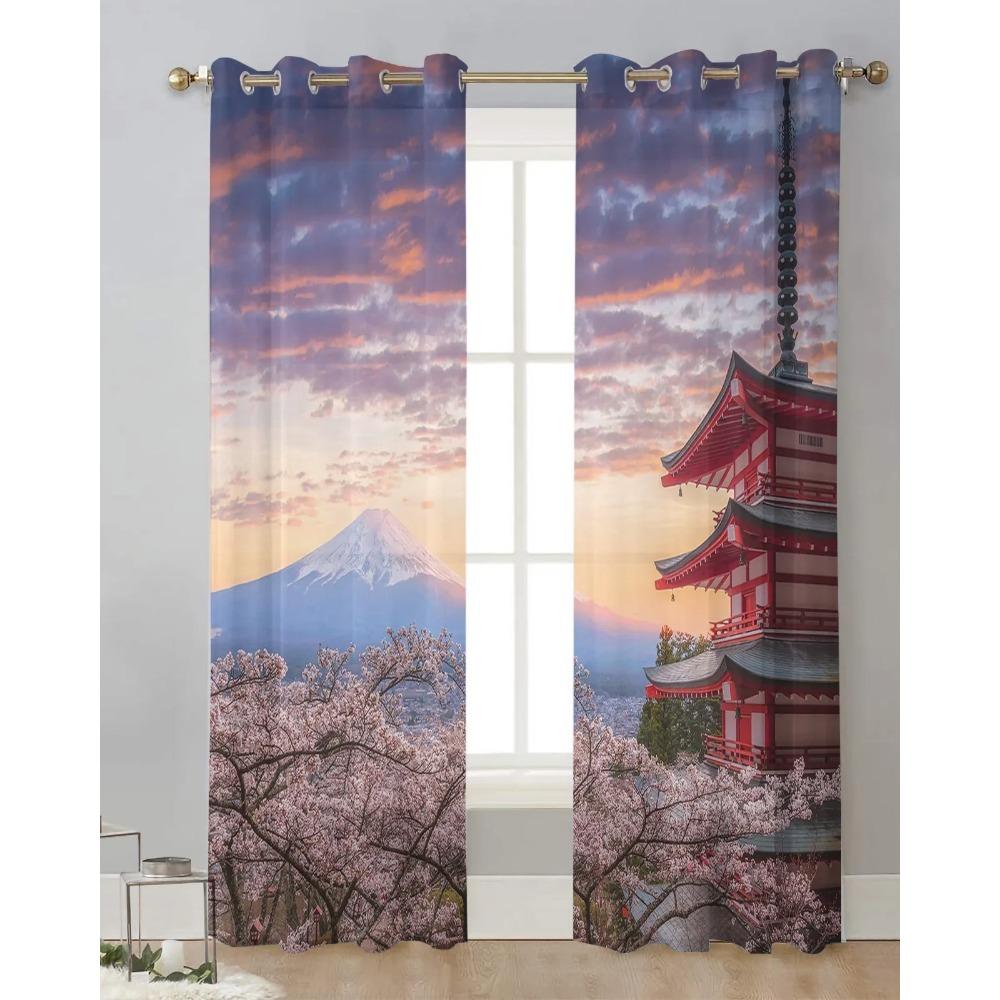 Japan Mount Fuji Cherry Blossom Sheer Curtains for Living Room Decoration Window Curtain Kitchen Tulle Voile Organza Drapes