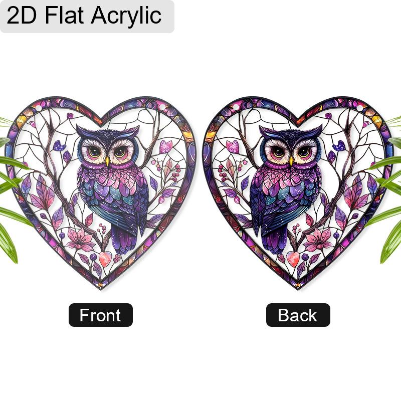2D Flaches Herz Acryl Eule Fensterdeko, Buntglas-Effekt Hängendes Ornament für Zuhause, Schlafzimmer, Küche, Niedliches Geschenk für Freunde & Familie