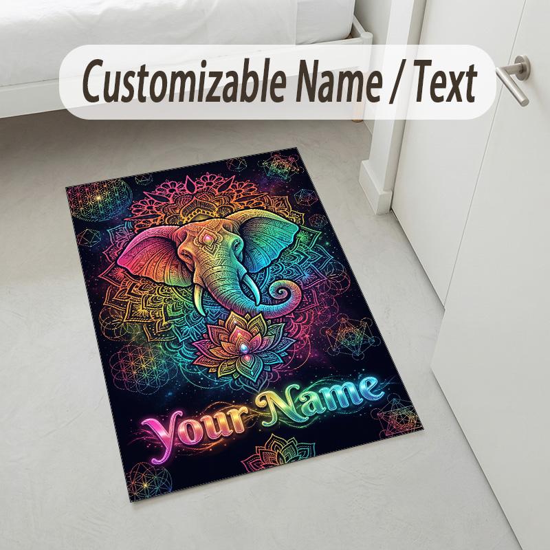 Elephant Theme Crystal Velvet Rug Personalized Custom Name Text Soft Floor Mat Home Decor