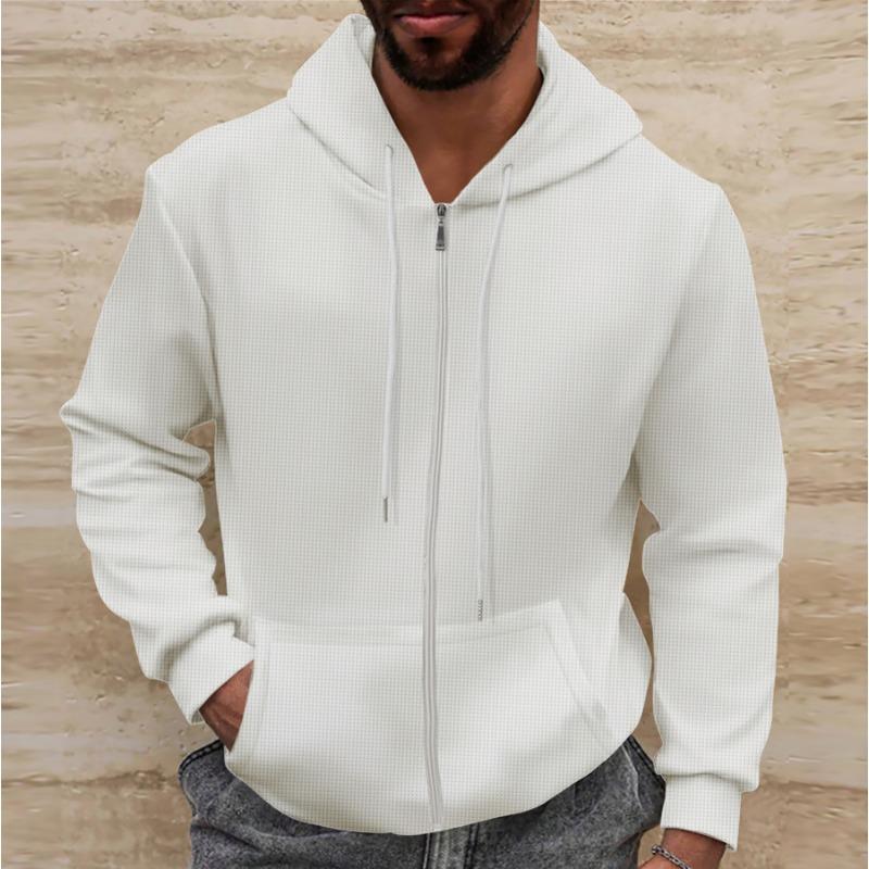 Men's Winter New Waffle Solid Pocket Zipper Long Sleeve Jacket Jacket Hoodie