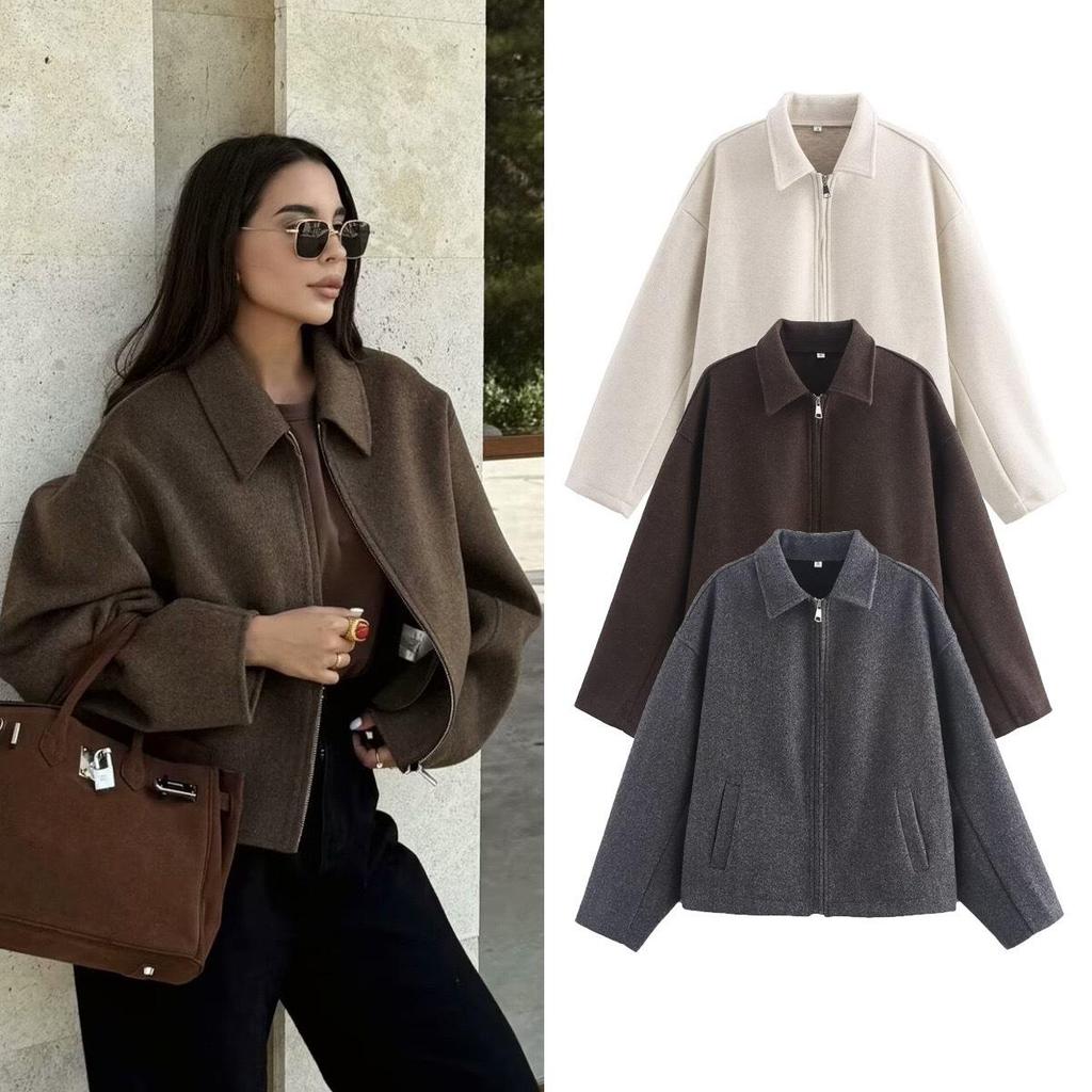 Women's Turn-Down Collar Long Sleeve Zipper Jacket - Autumn/Winter Fashion, European & American Style, Loose Casual Fit.
